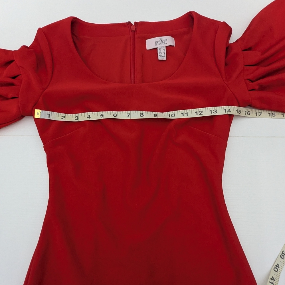 Badgley Mischka Red Knee Length Scuba Sheath Dress 3/4 Bell Sleeves Formal 0 - Picture 4 of 13